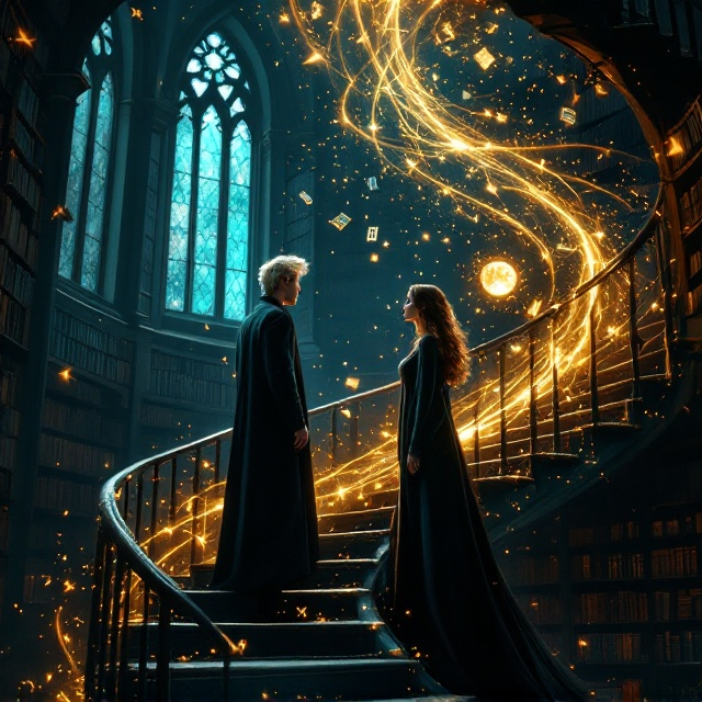 standing book mockup, Its title is "Bound by Ancient Magic".  Gothic magical library interior with high arched windows and towering dark wooden bookshelves dominates the background. Moonlight streams through stained glass, casting a teal hue over the scene. Magical particles float in the air, enhancing the dark academia atmosphere. Two figures in magical robes face each other on a spiral staircase. The young man with platinum blonde hair stands on the higher step, looking down with intensity. The young woman with wavy brown hair stands defiantly on the lower step, gazing upwards. A swirl of golden light and ancient runes floats between them, casting enchanted shadows, with glowing runes and floating spell books as accents. Elegant serif font with subtle mystical embellishments in deep blue, conveying a sense of magical intrigue and history., The book title is placed at the top center, with 'Bound by Ancient Magic' cascading in large, elegant letters. The characters are prominently featured in the center, capturing the dynamic exchange. The lower third showcases the magical golden light and runes, balancing the composition. The area where the author's name typically appears should be left completely blank, with no text or placeholder.