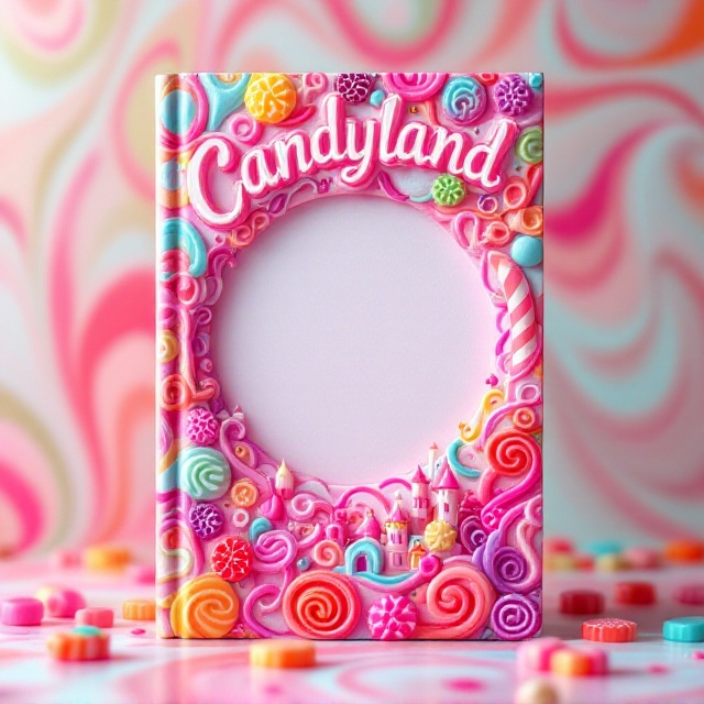 The cover features a large circle occupying the center, with the top of a whimsical candy castle emerging from it. Around the circle, intricate patterns crafted from multi-colored licorice strands wind outward across the cover. The background is a gentle, pastel swirl of colors reminiscent of a candy store, subtly implying a sense of motion and mystery.