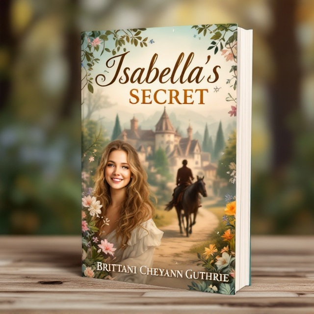 The cover features a picturesque representation of the village of Willowbrook. In the foreground, Isabella is depicted with a gentle smile, her hair subtly flowing like a gentle breeze, surrounded by delicate, swirling leaves and flowers hinting at her elemental powers. In the background, the silhouette of Sir Gideon on horseback rides into the village, adding a touch of intrigue. The overall color palette is warm, with soft pastels and earthy tones, conveying a sense of warmth and magic.