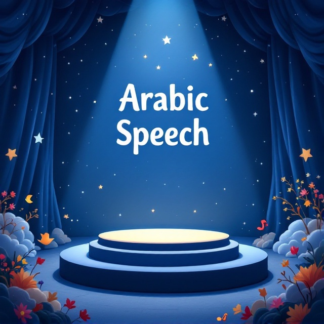 A whimsical, large stage set against a dark blue backdrop with scattered white star-like dots. Centered is a small, inviting speech stand lightly illuminated by a beam of light from above, creating a focal point. The stage is bordered with colorful, child-friendly illustrations such as little clouds, flying birds, and musical notes.