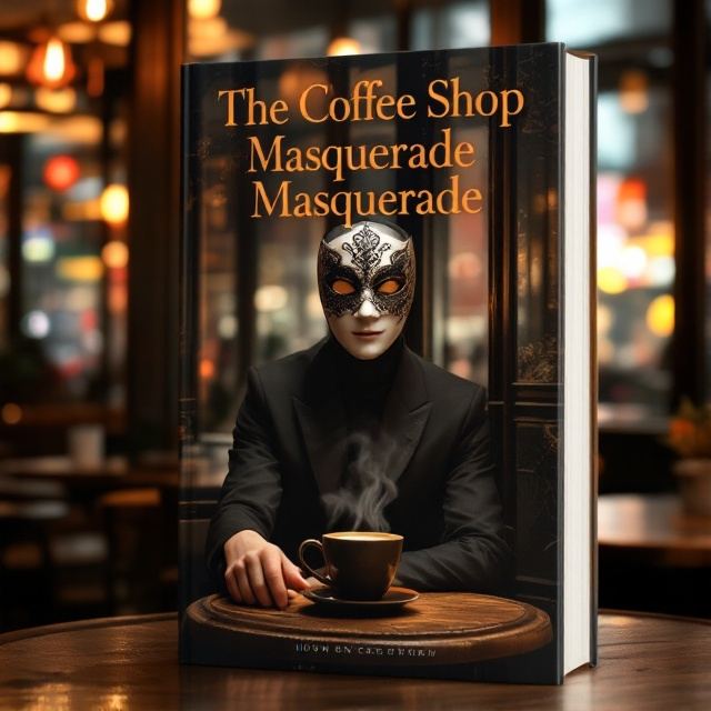 The cover features a bustling scene inside a stylish Hong Kong coffee shop. At the foreground, a mysterious figure is seated at a round wooden table with a steaming coffee cup placed neatly in front of them. The person dons an elegant Venetian mask with intricate designs, hiding their identity and adding an air of mystery. The background shows large windows with a glimpse of the vibrant streets of Hong Kong. Warm, ambient lighting casts intriguing shadows, and the predominant shade of orange is accentuated with hints of dark brown and black to enhance the eerie yet hopeful atmosphere.