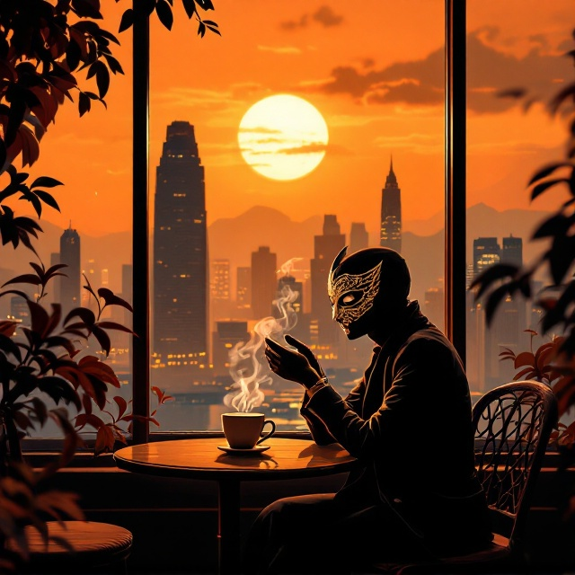 An ethereal illustration of a coffee shop at sunset in Hong Kong. The focus is on a lone figure sitting at an intimate table by the window, wearing an intricate Venetian mask. A steaming cup of coffee is on the table. The vibrant skyline of Hong Kong and warm hues of orange envelop the scene, while subtle shadows cast intrigue around the mysterious character.