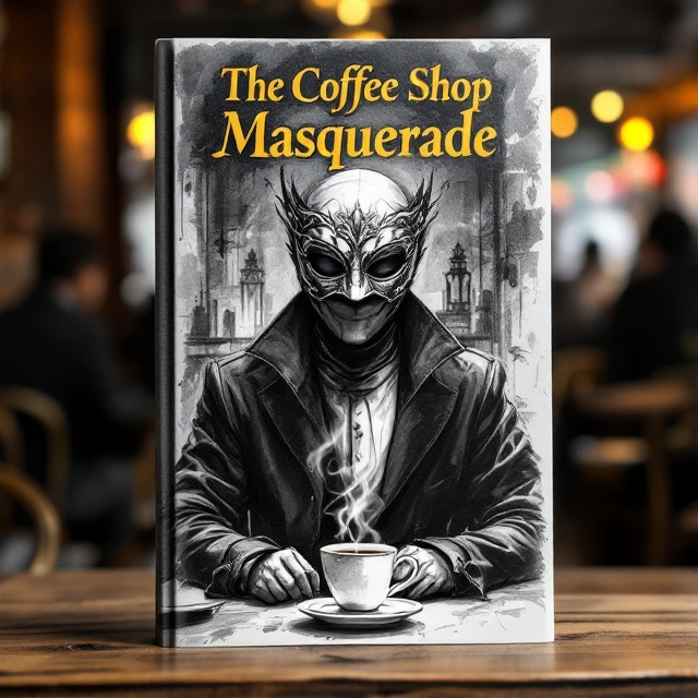 The cover features a black ink sketch of a figure sitting at a table in a bustling Hong Kong coffee shop. The figure, staring directly forward, wears an ornate Venetian mask with intricate detailing. A steaming coffee cup rests on the table in front of the figure, and a hint of the coffee shop's energetic atmosphere is captured in the background elements, including chairs and blurred figures. Deep shadows and highlights create an eerie and mysterious atmosphere.