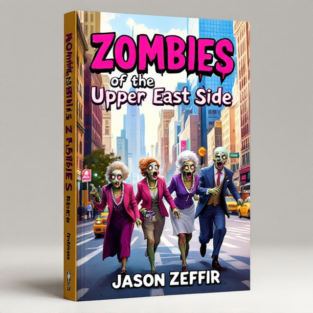 The cover features a humorous and lively rendition of Madison Avenue with three older Upper East Side housewife zombies, each adorned with pearls and high-fashion vintage clothing, making exaggerated, comedic scared faces as they are pursued by a mischievous zombie maid in classic uniform. The setting of New York City is emphasized with skyscrapers and yellow cabs in the background. The scene is painted in vibrant colors with a strong focus on hot pink, casting an overall whimsical and playful tone.