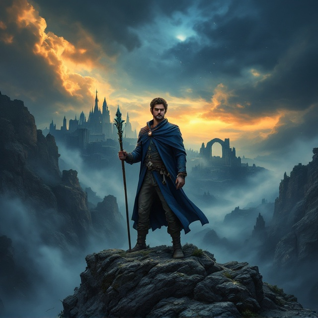 The cover showcases Bran Lucas standing confidently on a rocky cliff's edge, his finely crafted staff in one hand and a softly glowing map in the other. His closed eyes convey determination and focus. Behind him, the ethereal glow of the distant Braedon city and its ruins is shrouded in swirling mist and stormy clouds. The overall atmosphere is dark and mysterious, with sunset hues blending into the stormy sky to create a sense of foreboding and adventure. The title "Bran Lucas and the Braedon Plot" is prominently displayed at the top, with a mysterious symbol beneath it to signify the magical forces central to the story.
