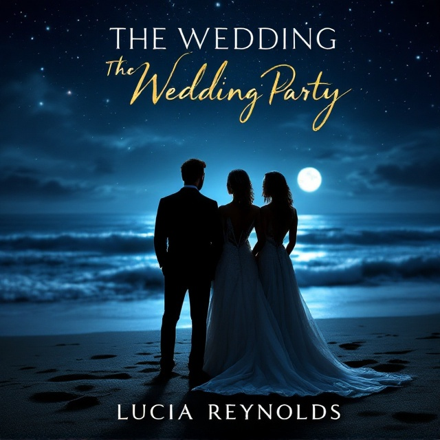 The cover depicts a mysterious, moonlit beach scene. The silhouettes of a brunette man in a groom's suit, a blonde woman in a wedding dress, and a brunette woman in a bridesmaid's dress stand side by side, facing the shimmering ocean under a canopy of stars. The ocean waves subtly reflect the moonlight, adding an eerie luminance. The dresses and suit are subtly detailed to imply wealth and allure, while the absence of faces contributes to the mystery.