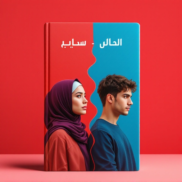 A split color background with the left side in deep red and right side in vibrant blue. On the left, an image of a young woman with an Islamic headscarf looking determinedly forward. On the right, a young man facing the opposite direction, yet with a firm expression of resilience. They are visually separated by a thin, winding line symbolizing their distinct paths yet shared experiences.