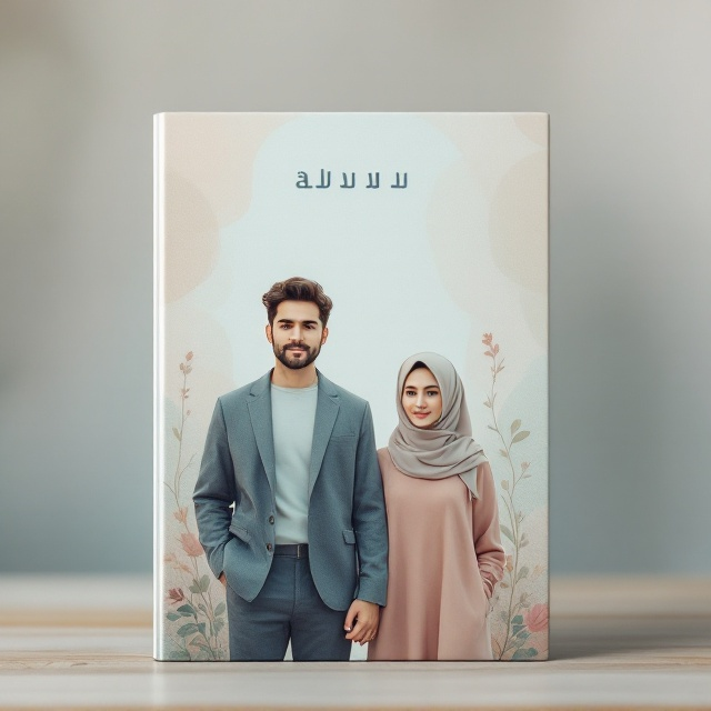 A serene and hopeful cover showcasing a modern, peaceful background in soothing pastel colors. In the foreground, a 30-year-old man and a 29-year-old woman, beautifully depicted, stand resolutely, facing forward. The man has a calm expression, while the woman, wearing an elegant hijab, exudes grace and determination. They are separated by a subtle, abstract line, symbolizing their divorce but surrounding them are faint symbols of growth and renewal like leaves or branches.