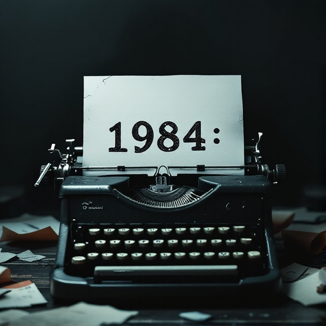 The cover features a dark and oppressive background composed of a dimly lit typewriter with papers strewn around. The typewriter keys are prominently displayed, some with missing letters, symbolizing censorship. A shadowy figure looms in the background, representing the omnipresent surveillance.
