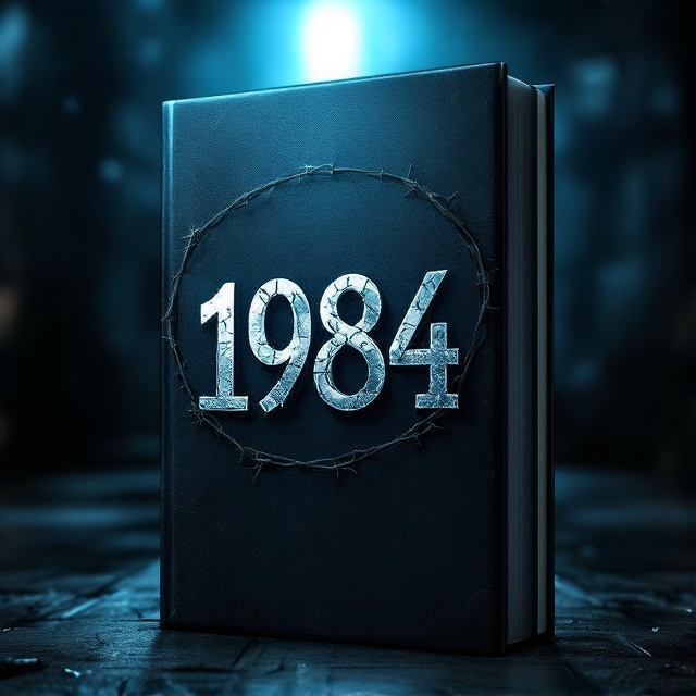 The cover features a central focus on a large "1984" in bold, metallic silver typography against a dark, textured background. Subtle barbed wire elements weave through the numbers, creating an ominous atmosphere. A fractured overhead light casts a faint blue glow across the top, adding to the sense of cold surveillance. A shadowed silhouette, barely visible, stands in the background, suggesting an entity observing quietly.