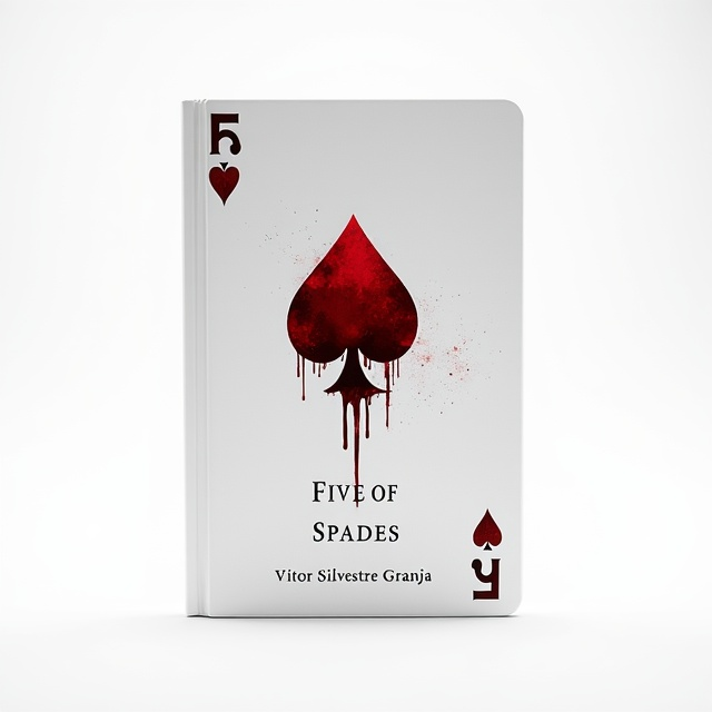 A solitary, blood-splattered playing card of five of spades is centered on a pristine white background. A subtle splash of deep red blood extends from one corner of the card, hinting at the book's dark themes. The blood appears fresh and glistens slightly to add a sense of realism and urgency.
