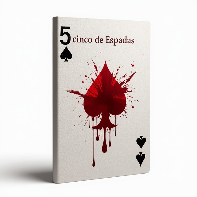 A stark white background with the center dominated by a large playing card – the 5 of Spades, positioned in portrait orientation. The card appears slightly off-white for an aged effect, with splatters of vivid red blood across its surface, concentrating heavily on the top edge to suggest the image of a bleeding wound. The blood trails subtly downwards, blending into the blank white backdrop, creating a stark contrast that enhances the suspenseful theme.