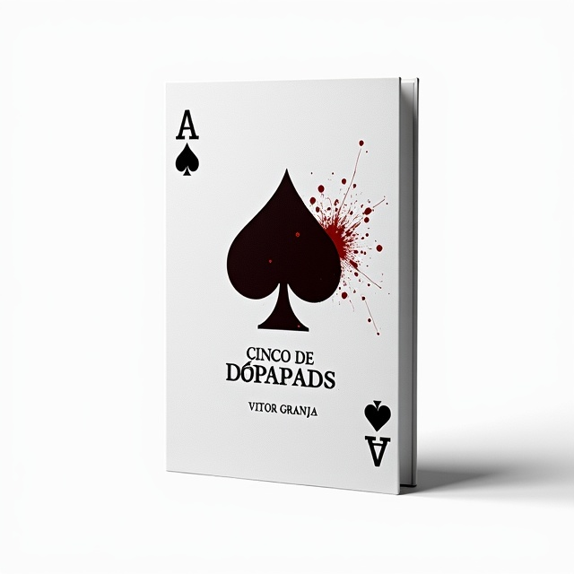 The cover features a stark white background with a solitary playing card—the five of spades—positioned centrally. The card is slightly tilted, its upper corner adorned with realistic spatters of dark red, symbolizing blood. The simplicity of the background emphasizes the card, giving it a dramatic focus.