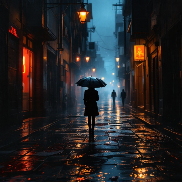 A solitary figure with an umbrella stands in the rain under the glow of a streetlamp in a deserted urban alley. The wet pavement reflects faint neon lights in the distance while a shadowy silhouette of a man in a suit looms in the background. A torn photograph and a blood-stained locket lie prominently on the ground, enriching the scene with a sense of mystery and danger. The background employs a mixture of deep blacks and striking reds and golds, generating an atmosphere of danger and emotional depth.