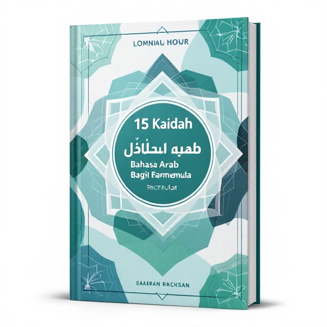 A clean, structured grid design with overlapping geometric shapes, primarily in shades of blue and green to convey calmness and clarity. A subtle background pattern of Arabic scripts weaves through the design, while a central circular motif serves as the focal point.