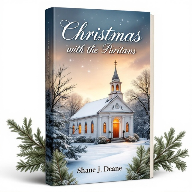 A serene winter scene with a classic New England church covered in a gentle layer of snow. The church is illuminated from within, casting a warm glow through the windows, symbolizing the inner light of spirituality. In the foreground, there are subtle, frosty evergreen branches framing the cover, adding depth and a festive feel. The color palette includes soft whites, deep greens, and warm golden yellows to reflect both the season and the profound nature of the content.
