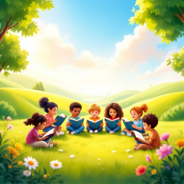 A vibrant and colorful 2D cartoon scene depicting a group of diverse children sitting in a circle on a grassy field, each child holding an open Bible. The background features rolling hills and a bright sky, with gentle sunlight illuminating the scene. Trees and flowers add life to the corners of the cover, creating a cozy and inviting environment.