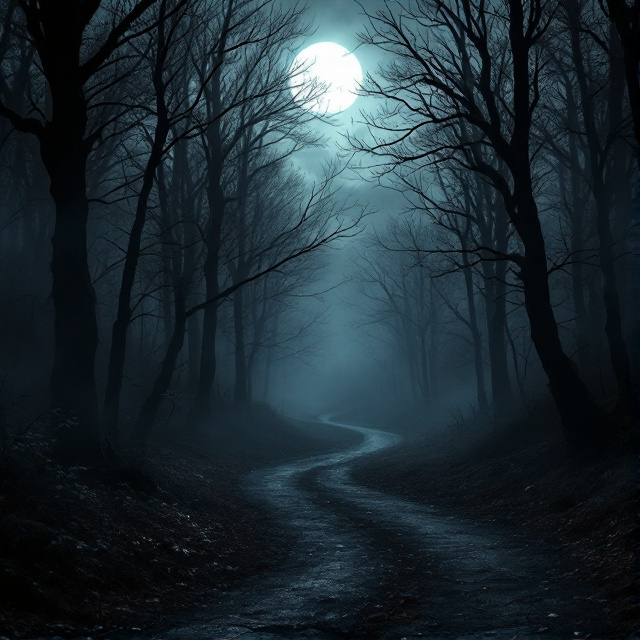 A dark, mist-filled forest is at the center, with silhouettes of leafless trees under a cloudy, moonlit sky. A winding, dimly-lit path leads into the forest, drawing the reader in. The shadows create an alluring sense of depth on the black background, hinting at secrets hidden within the trees.