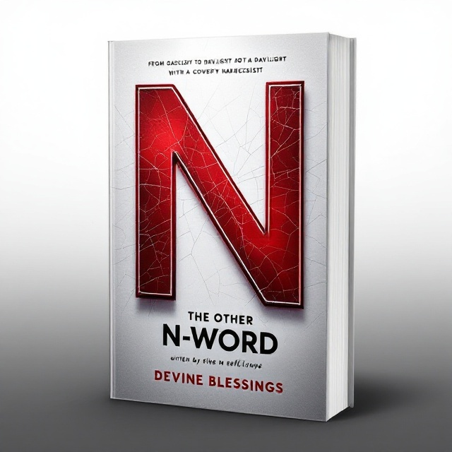 The cover features a minimalistic design with a large, bold, red 'N' that dominates the center. The N is stylized with a reflective, metallic texture that makes it appear as if it's carved out of the cover. Surrounding the N, there's a subtle shadow of cracked glass, symbolizing pain and the breakthrough from gaslighting to self-love. The background is a gradient of grey to white, moving from dark at the bottom to light at the top, illustrating the journey from darkness to daylight.