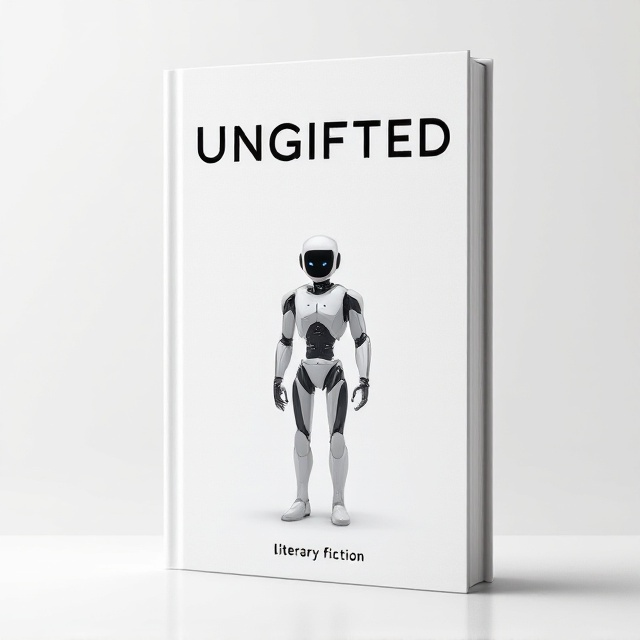 A solitary robot centered on a blank, white canvas. The robot is sleek and futuristic, designed with simple lines and minimal detailing to evoke a sense of both advanced technology and a lack of embellishment. It should stand alone in the center, emphasizing its solitude and simplicity, with a shadow cast behind it for depth. The background is stark white, further highlighting the robot and leaving ample negative space to reinforce the concept of 'ungifted' – something pure, straightforward, and uncomplicated.