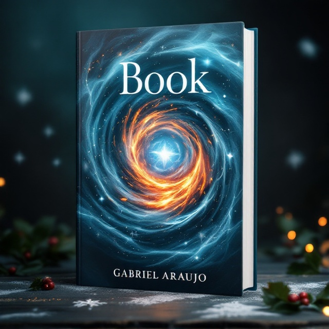 A swirling, magical vortex in the center of the cover, where a House of Cards is dramatically engulfed in a mystical blue and silver flame, with flickers of ember floating upwards. In the background, subtle hints of Christmas elements like faint snowflakes and holly leaves create an enchanting atmosphere. The overall color palette consists of midnight blues, silvers, and deep greens.