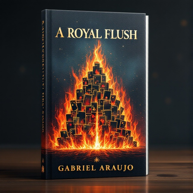 standing book mockup, Its title is "A royal flush ". Its author name is Gabriel Araujo.  A dramatic illustration of a towering house of cards engulfed in vibrant flames, centered on the cover against a subdued, mystical starry background that hints at magical realism. The cards are intricately detailed with subtle hints of royal symbols. The title "A Royal Flush" is in an elegant, serif font with a gold foil finish to evoke a regal feel, while the author's name "Gabriel Araujo" is in a simple, modern sans-serif font at the bottom., The title is prominently placed at the top, slightly arched over the artwork of the burning cards. The author's name is neatly centered at the bottom, ensuring balance.