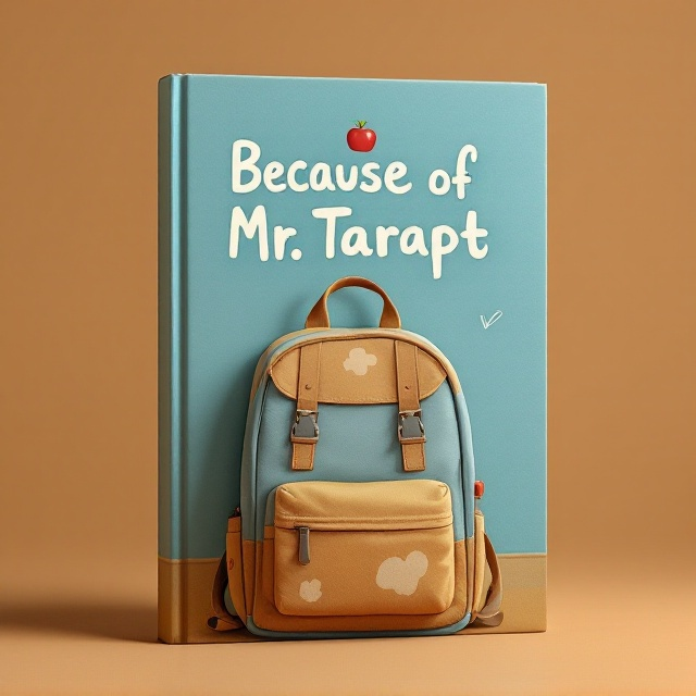 The cover features a cartoon-style backpack, slightly off-center towards the left, lightly worn with a few patches. The background showcases a soft gradient from light sky blue at the top transitioning into earthy brown at the bottom, evoking a school environment. Above the backpack, a small red apple and a whimsical chalk doodle float gently, adding context to the educational theme.