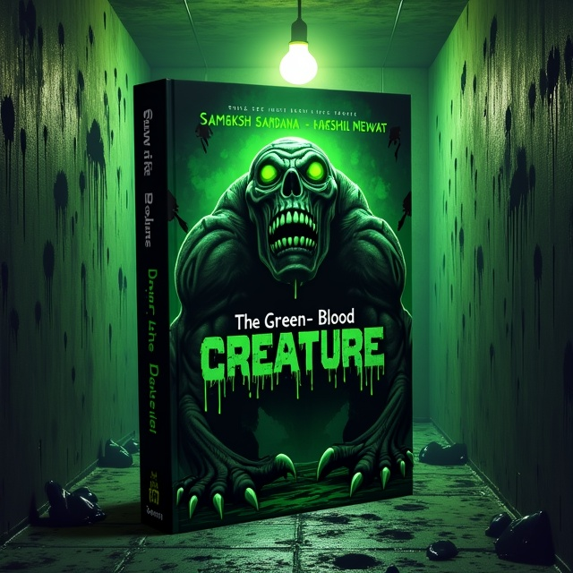 The cover features a sinister-looking monster with glowing green eyes and green blood dripping from its fanged mouth and hands. The creature is hunched in a dark, shadowy basement. The walls of the basement are covered in blood spatters and ominous shadows, creating an atmosphere of dread. A dim, flickering light bulb hangs from the ceiling, casting eerie shadows around the scene.