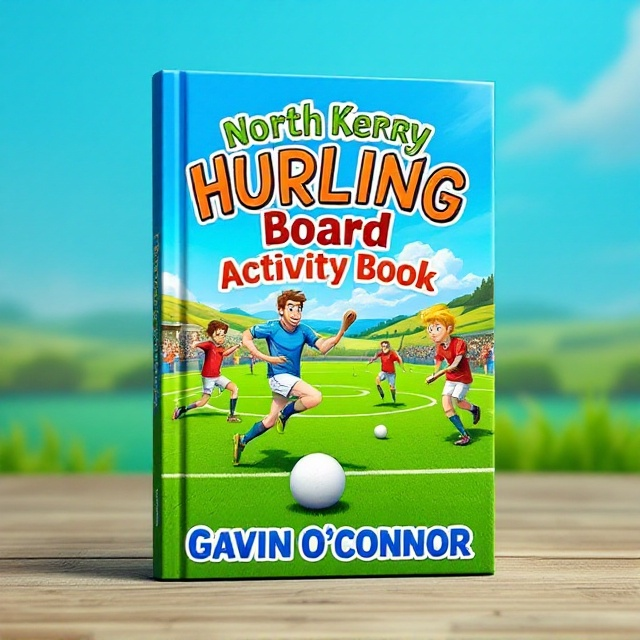 The cover features an exuberant illustration of a vibrant green field, representing a hurling pitch with animated, stylized figures playing hurling. The figures are depicted in mid-action, capturing the dynamism and excitement of the sport. A background of rolling hills under a bright blue sky adds depth and context. The title "North Kerry Hurling Board Activity Book" is arched across the top, while the author's name, Gavin O'Connor, is placed at the bottom in a contrasting color.