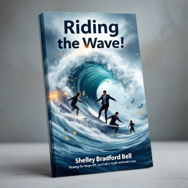 The cover features a dynamic scene of two professionally dressed executives—a male and a female—expertly navigating a large, tumultuous wave on surfboards. Surrounding them are other individuals who are being thrown off their boards into the water, symbolizing the challenges and chaos. The background is a mix of stormy blues and greys, enhancing the sense of adversity. Negative and positive dollar signs are scattered throughout the scene, with financial flowcharts subtly integrated into the waves. A golden hue subtly outlines the two main figures to represent hope and leadership amidst the turmoil.