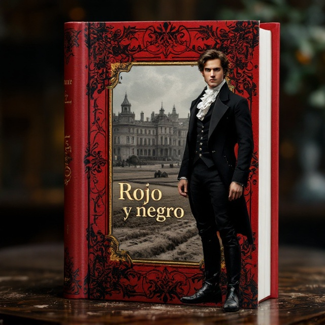 The cover features a rich, dark red background with an intricate, black, lace-like pattern subtly overlaying it. In the foreground, a young man in 19th-century French attire stands prominently, gazing out with a look of determination and a hint of rebellion, embodying ambition and ire. The man's clothing is distinctly crisp, with a black tailcoat, a white cravat, and boots dusted with the soil of a rural setting. Behind him, in the distance, a muted grayscale depiction of an opulent French aristocratic manor is visible, adding depth and context to the scene.