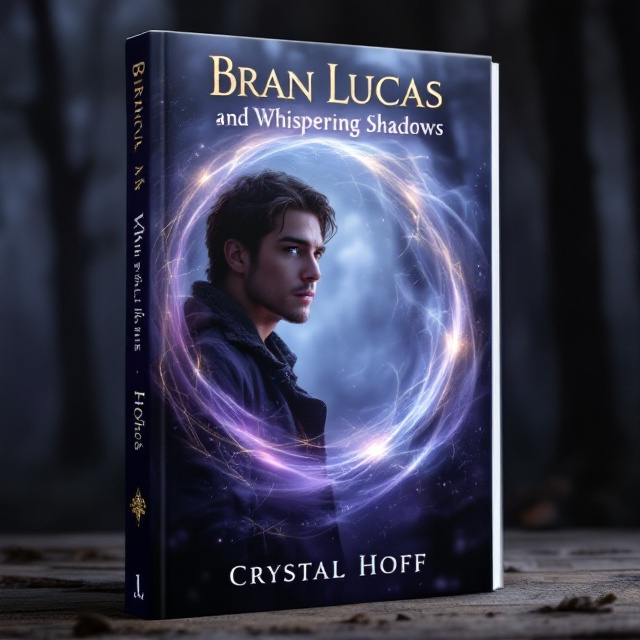The cover features Bran Lucas in the foreground, depicted as a young man with rugged features, wearing a slightly tattered coat. His deep gaze is directed towards an abstract swirl of mist that circles around him, forming vague shapes of faces and symbols. Behind him, a dark forest with blurred outlines creates an enigmatic backdrop. The colors are twilight tones of purples and blues, with streaks of golden light illuminating the mist's path, representing the secrets he seeks.