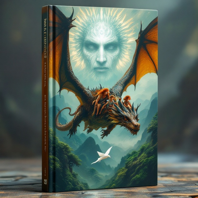 A majestic brown dragon dominates the cover, its powerful wings fully extended as it soars over lush tropical mountains. On the dragon's back, two girls and two boys are nestled in position, their expressions of awe and wonder. The imposing figure of a strong red-haired man stands confidently at the dragon’s front, gripping the reins with a determined stance. The ethereal transparency of a South American indigenous man’s face looms over the mountains as though watching over the dragon’s flight. The backdrop is a blend of deep greens and blues, reflecting both the verdant land and the azure ocean beyond. The mystical white bird can be seen in flight, adding an air of enchantment.