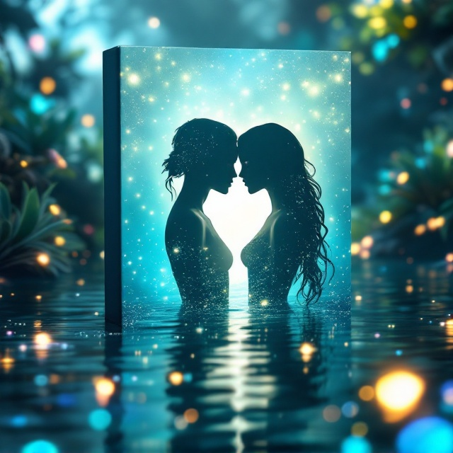 A serene Pandora oceanic landscape envelops the background. The silhouette of a male and female Navi couple is positioned centrally, creating a focal point. The pair embraces intimately, showcasing their interconnected foreheads, set against an ethereal backdrop of glowing flora and delicate luminescent water. The male features ocean clan attributes with aquatic elements like fins and teal hues, while the female reflects the forest clan's elements with earthy undertones and foliage textures subtly visible. The couple's faces remain obscured, emphasizing the emotional connection through body language.