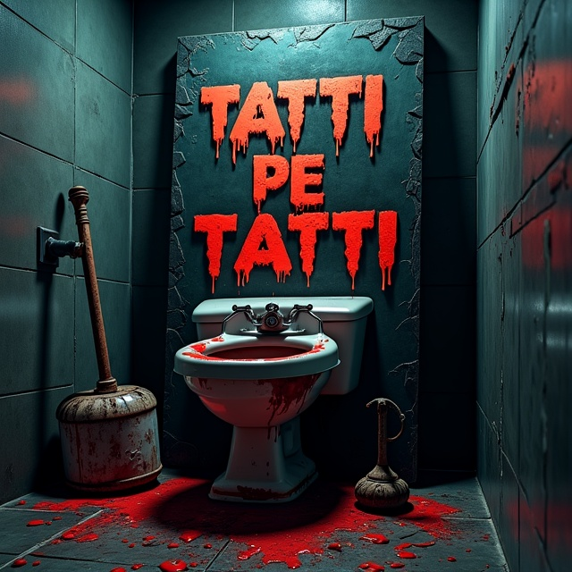 The cover features a dimly lit bathroom setting laden with creepiness and decay. At its heart is the menacing commode, coated in thick sludge with an ominous presence. Positioned haphazardly close by are a rusty plunger with drips of vile liquid and a bloodstained wrench, bathed in the flickering light’s ominous glow. Broken tiles and a cracked mirror add layers to the visual chaos, with shadows stretching menacingly into every corner. The title "Tatti Pe Tatti" appears etched in jagged, blood-red lettering on the fractured surface of the mirror, drawing the eye with its stark contrast.