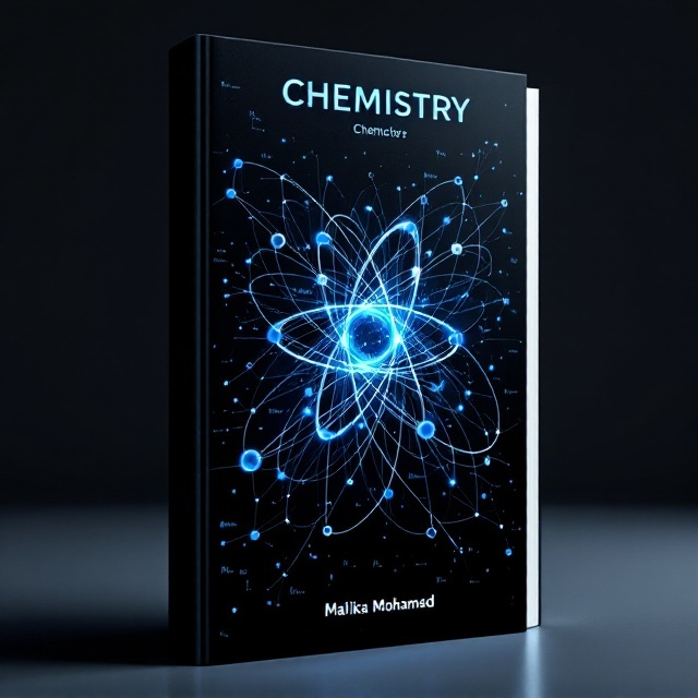 The cover features a large, central image of atomic structures forming a molecular pattern, using blue and white atoms interconnected with thin lines on a black background. This pattern creates an abstract yet scientific feel, drawing the reader's attention. The atoms appear to glow subtly, creating a sense of intrigue and depth. In the background, faint outlines of chemical formulas are visible, enhancing the scientific theme without overpowering the main atomic design.