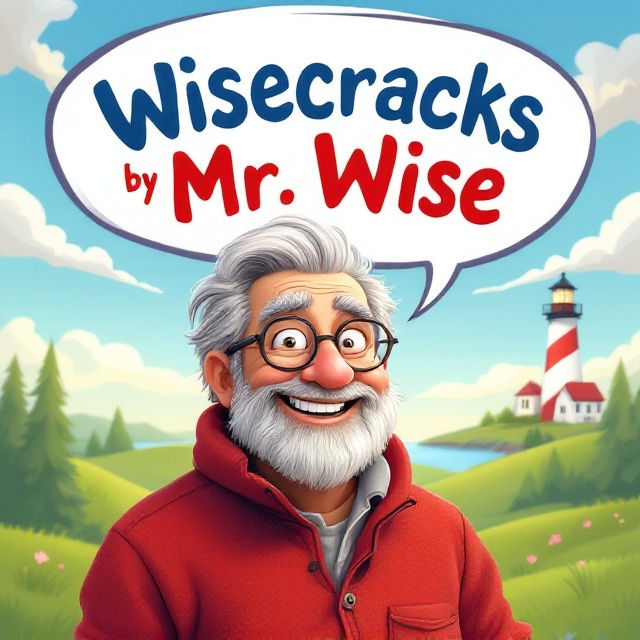 A jovial cartoon grandpa with twinkling eyes and a wide grin is at the center, wearing a red fleece jacket. He's depicted with gray hair styled in a playful manner to enhance his whimsical demeanor. The background features a colorful, cartoonish depiction of a Maine landscape, with gently rolling green hills, a lighthouse, and a bright, cheerful sky. There's an open comic-style speech bubble above him, implying he's just thought of a hilarious joke.