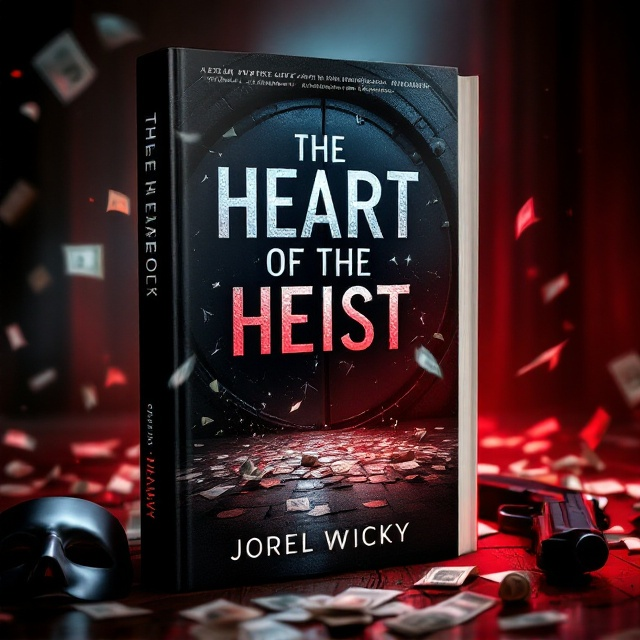 The cover showcases a dimly lit bank interior with a dramatically ajar vault door in the background, symbolizing the heist's breaking point. Shattered glass elements are artistically scattered across the floor, and fluttering paper bills add motion and chaos to the scene. A partially visible mask lies in the shadows, hinting at the heist's daring risks. A dramatic play of lighting with deep red hues blends seamlessly with dark silhouettes to evoke danger and intrigue.