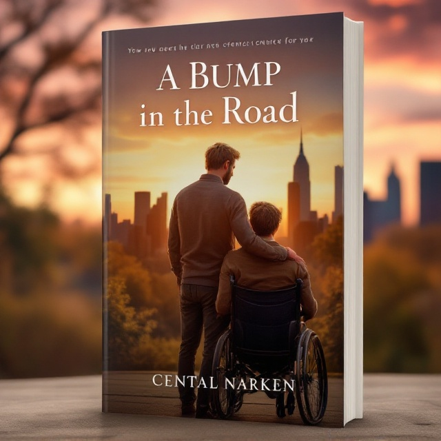 A warm-toned sunset sets the backdrop, casting an orange and purple glow over Central Park. In the foreground, a blond male stands with a gentle, comforting demeanor, his arm around a brown-haired male in a wheelchair. The city skyline, featuring iconic skyscrapers shadowed by the setting sun, frames the background, symbolizing both challenges and hope. The skyline and park are subtly blurred to draw focus to the two figures, underscoring their emotional journey.