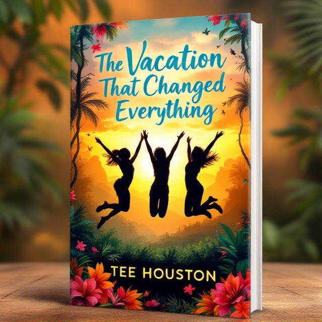 A vibrant sunset backdrop with lush Brazilian rainforest in the foreground, where three silhouetted figures of Allissa, Alisha, and Allison joyously leap into the air, symbolizing newfound freedom and joy. In the sky, faint outlines of fantastical creatures such as fairies and magical birds hint at the fantasy element. Brightly colored tropical flowers frame the scene, adding charm and whimsy.