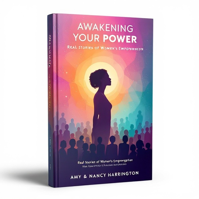 standing book mockup, Its title is "Awakening Your Power: Real Stories of Women's Empowerment". Its author name is Amy & Nancy Harrington.  A central silhouette of a strong, non-descript woman set against a dynamic gradient background of purple, orange, and teal. Around the silhouette, faint outlines of a diverse group of women evoke a sense of unity and solidarity. The colors blend seamlessly to create a sense of movement and empowerment, symbolizing the rising power and energy. The book title "Awakening Your Power" appears in a bold, modern sans-serif font that conveys strength and clarity. The subtitle and authors' names, “Real Stories of Women's Empowerment” and “Amy & Nancy Harrington,” use a slightly lighter weight version of the same font for harmonious contrast., The silhouette is centered, with the book title positioned above her head, creating a halo effect. The subtitle follows directly below the title, while the authors' names are placed at the bottom of the cover, providing visual balance. The background colors gradient horizontally, helping to keep the focus on the central figure and text.
