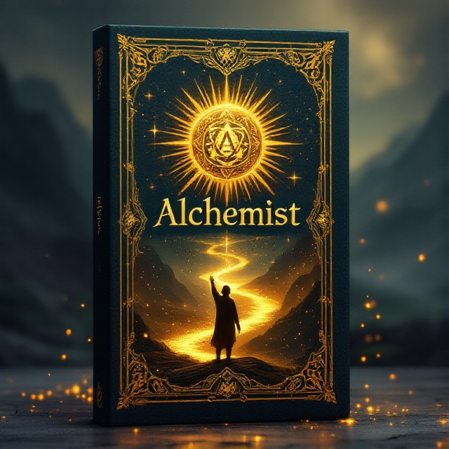 A golden sun radiating beams of light; at its center, an ornate alchemical symbol. In the foreground, a silhouette of a lone alchemist reaching towards the sun, surrounded by ethereal golden particles. The background is a mystical landscape with mountains shrouded in mist and a winding river that glows with a mysterious luminescence.