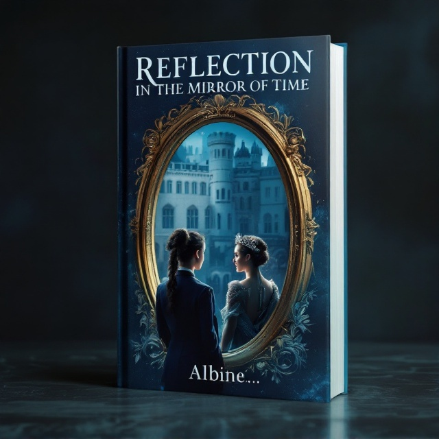 The cover features a striking image of a young, beautiful high school girl in a modern school uniform, standing before an ancient mirror. Her reflection in the mirror shows her as a regal crown princess in exquisite royal attire. The background features a modern school building partially blended into an ancient castle facade, symbolizing her past and present lives. The colors are a deep black with a gradient of blue, creating a mysterious yet romantic ambiance.