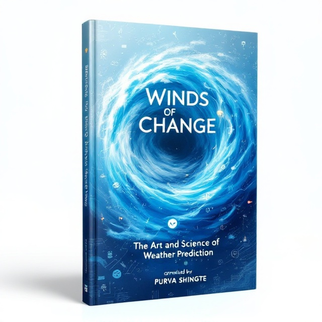 A swirling hurricane-like formation made of vibrant blue clouds and wind currents dominates the center of the cover, with intricate patterns displaying weather data streams and symbols woven into the winds. The background is a gradient from soft sky blue at the top to a deeper navy at the bottom, suggesting depth and a dynamic atmosphere. Tiny symbols of sun, rain, and lightning are subtly incorporated into the cloud patterns to highlight different weather elements.