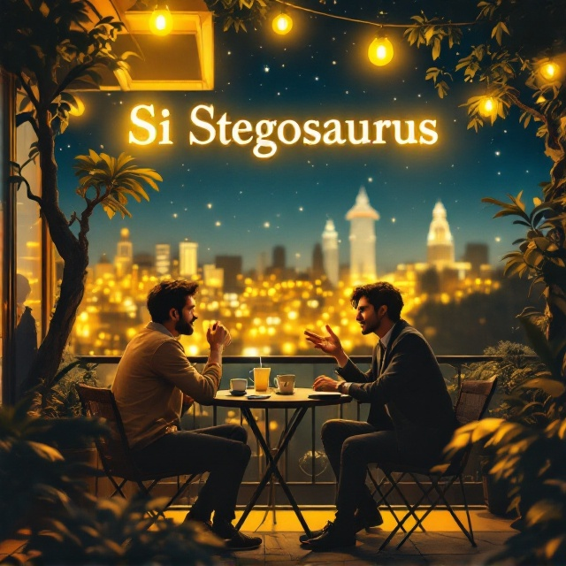 The cover features an intimate scene of a cafe's terrace at night, beautifully illuminated by yellow cafe lights. Raka is seated at a table, pensive, with a coffee cup in hand. Opposite him, Ardi gestures animatedly, captured mid-conversation. The star-filled sky in the background adds a serene ambiance. A subtle silhouette of Reina is visible in the cafe's glass reflection, while Fakhri stands to the side, marked by an elegant watch and briefcase. On the table, a stegosaurus-shaped keychain, a notebook, and a mobile phone serve as story symbols.