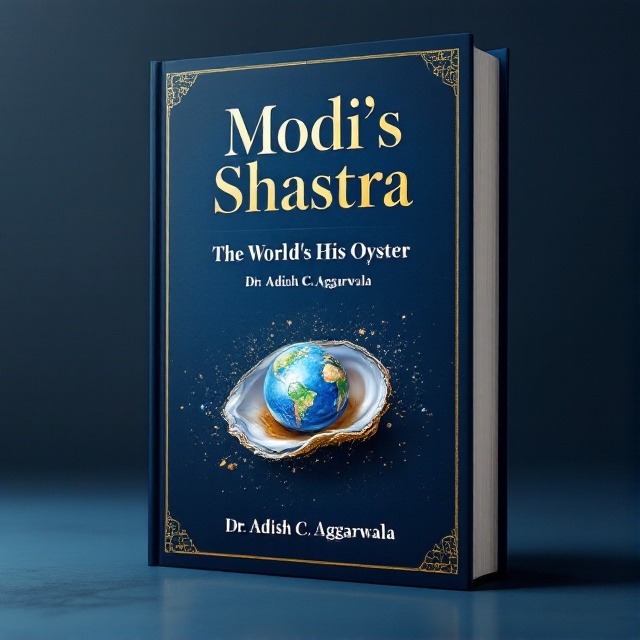 A deep, regal blue background with a subtle gold border. At the top center, the title "Modi's Niti Shastra" in large, elegant gold lettering. Below the title, an oyster illustration with a globe nestled inside, symbolizing global influence. At the bottom center, "Dr. Adish C. Aggarwala" in smaller, complementary white lettering.