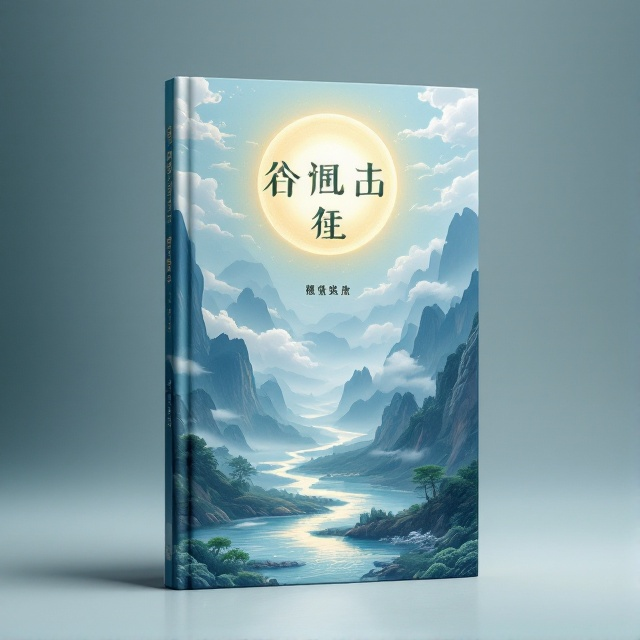 A serene landscape featuring majestic mountains and a flowing river, reflecting the harmony of 天地人. Ethereal clouds drift across the sky, subtly forming traditional Chinese patterns. A soft golden halo surrounds the central scene, symbolizing enlightenment and cognitive awakening.