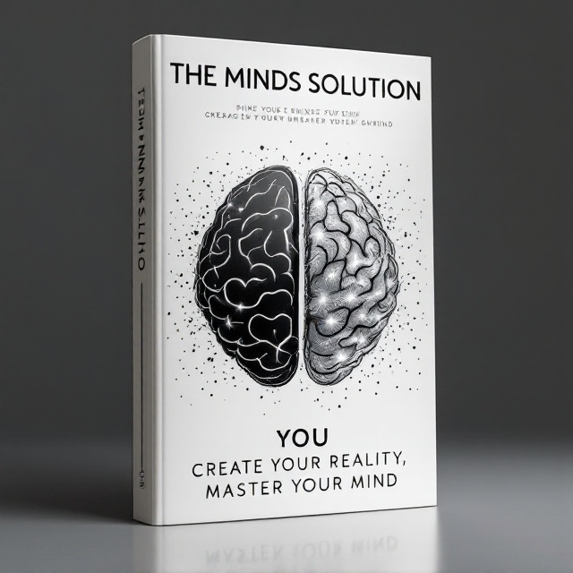 The cover features a central image of a brain, split distinctly into two sides. The left side of the brain is depicted in monochromatic black and white lines representing logic and structure, while the right side is illustrated with ethereal, swirling patterns and faint bursts of light, symbolizing creativity and spirituality. The background is a gradient transitioning from deep black on the left to pure white on the right, creating a balanced contrast. The words "CREATE YOUR REALITY, MASTER YOUR MIND" are artistically integrated into the transitions between the two brain halves.