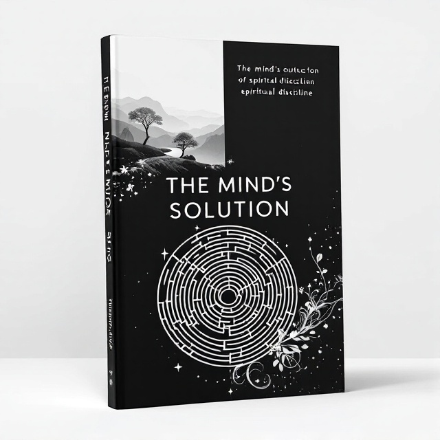 A striking black and white cover split diagonally, with the top half featuring a serene monochrome landscape symbolizing tranquility, and the bottom half showcasing an intricate labyrinth design representing the complexity of the mind. The two halves mirror the dual nature of spiritual discipline—a balance between peace and complexity.