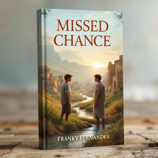 The cover features two teenage boys positioned in the foreground, gazing longingly at each other across a gentle stream that runs through lush green hills. The background depicts a Middle Eastern town with old, dusty streets, symbolic of biblical times. The sky is painted with soft hues of dawn or dusk, reflecting a mix of sadness and hope. The expression on the boys' faces captures the emotional core of missed opportunities.